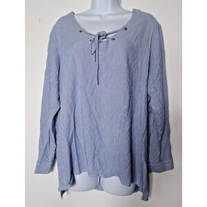 Daisy Fuentes 1X Top Shirt Tunic Hi Low Blue White Stripes Plus Cottage Core